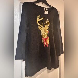 Cato Black Sweater with Gold Reindeer Design
P to P 26 in L 29, Sleeves, 21